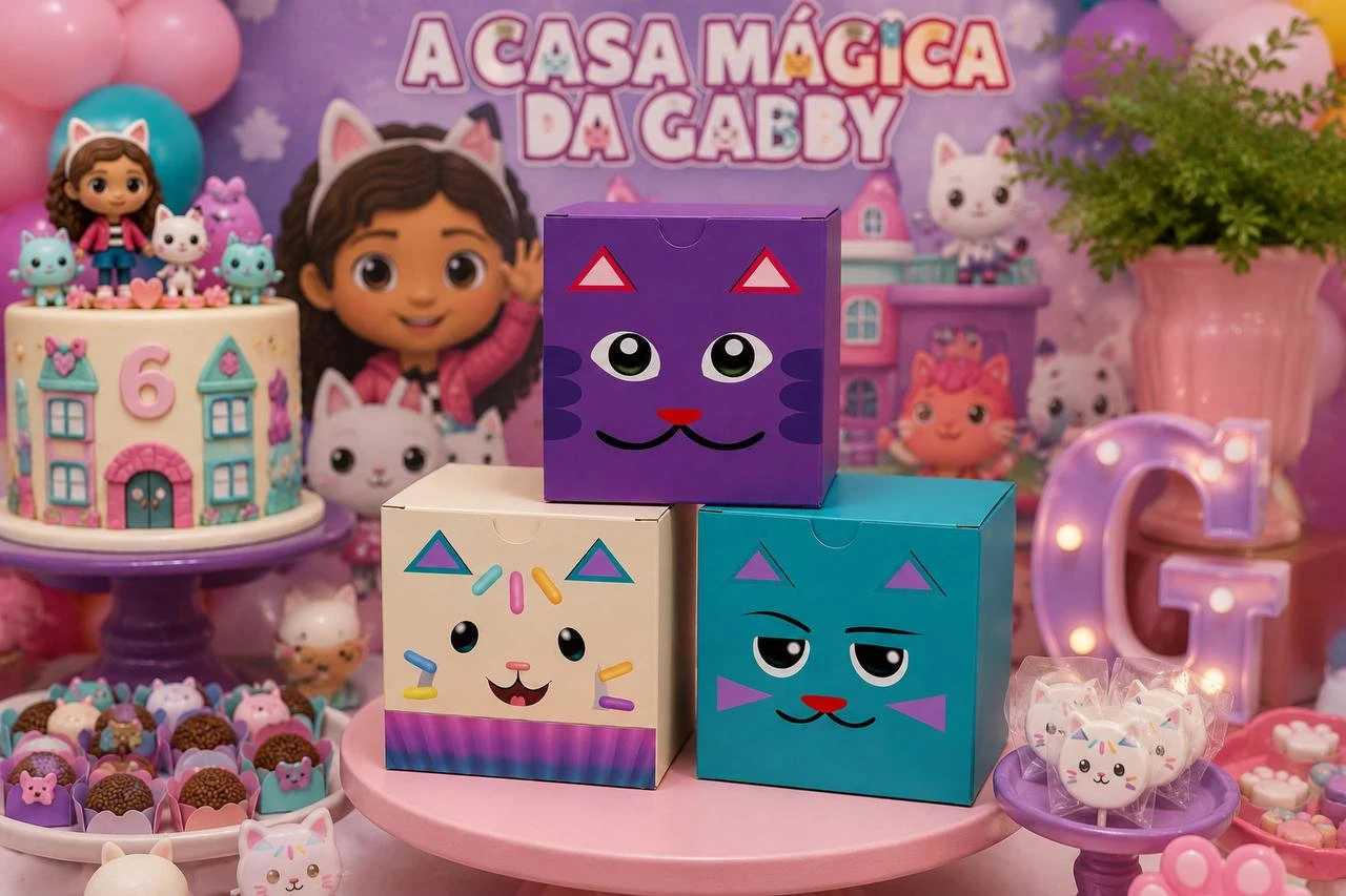 Caixas Cubo do tema Casa Mágica da Gabby compondo a mesa de uma festa, ao lado do bolo e da decoração