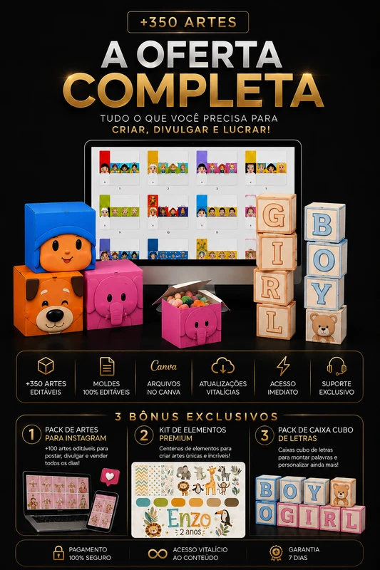 A Oferta Completa: mais de 350 artes editáveis para Caixa Cubo, moldes 100% editáveis, arquivos no Canva, atualizações vitalícias, acesso imediato e suporte exclusivo — acompanhada de 3 bônus exclusivos: Pack de Artes para Instagram, Kit de Elementos Premium e Pack de Caixa Cubo de Letras.