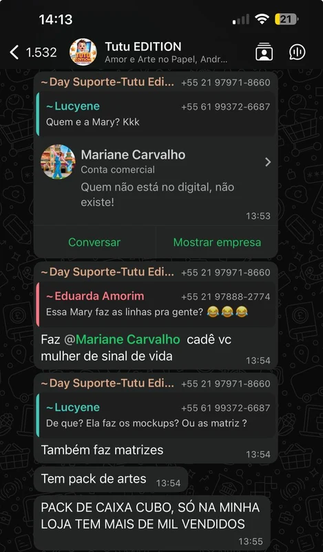 Print de conversa no WhatsApp: cliente comentando que o Pack de Caixa Cubo já soma mais de mil vendidos na loja dela