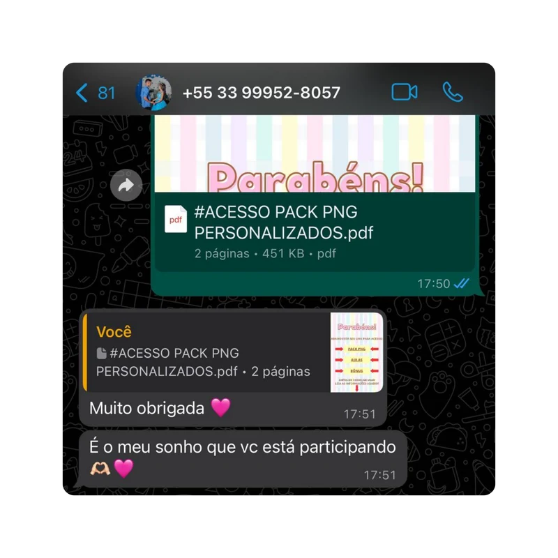Print de conversa no WhatsApp: cliente agradecendo pelo acesso ao Pack Caixa Cubo