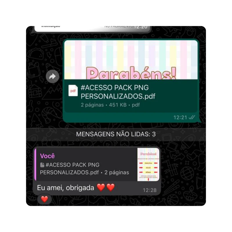 Print de conversa no WhatsApp: cliente agradecendo com corações após receber o Pack